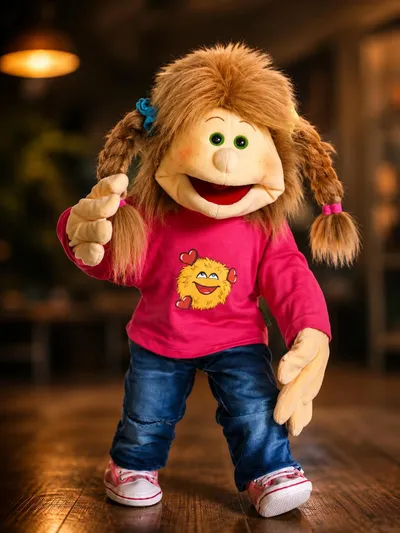 Caro, die Handpuppe der Praxis: rotes Wollhaar, pinker Pullover