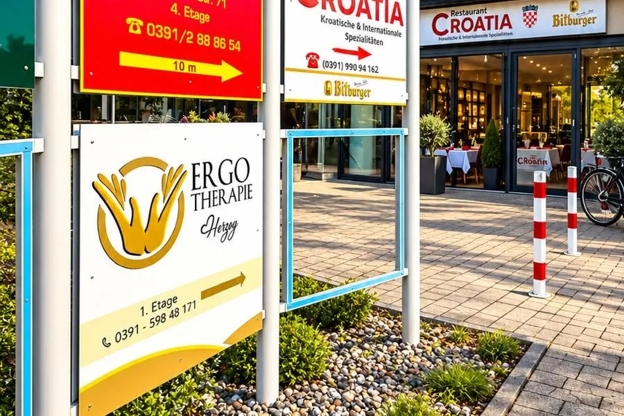 Schild der Praxis Ergotherapie Herzog vor dem Haus Lübecker Straße 71, mit Hinweis auf die 1. Etage