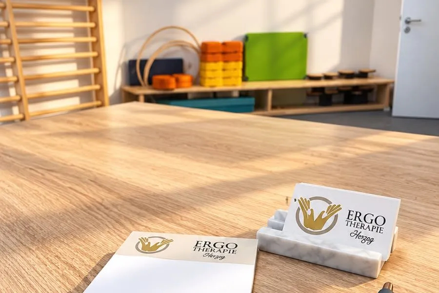 Therapieraum der Praxis mit Sprossenwand und Material, vorn Notizblock und Karten der Praxis
