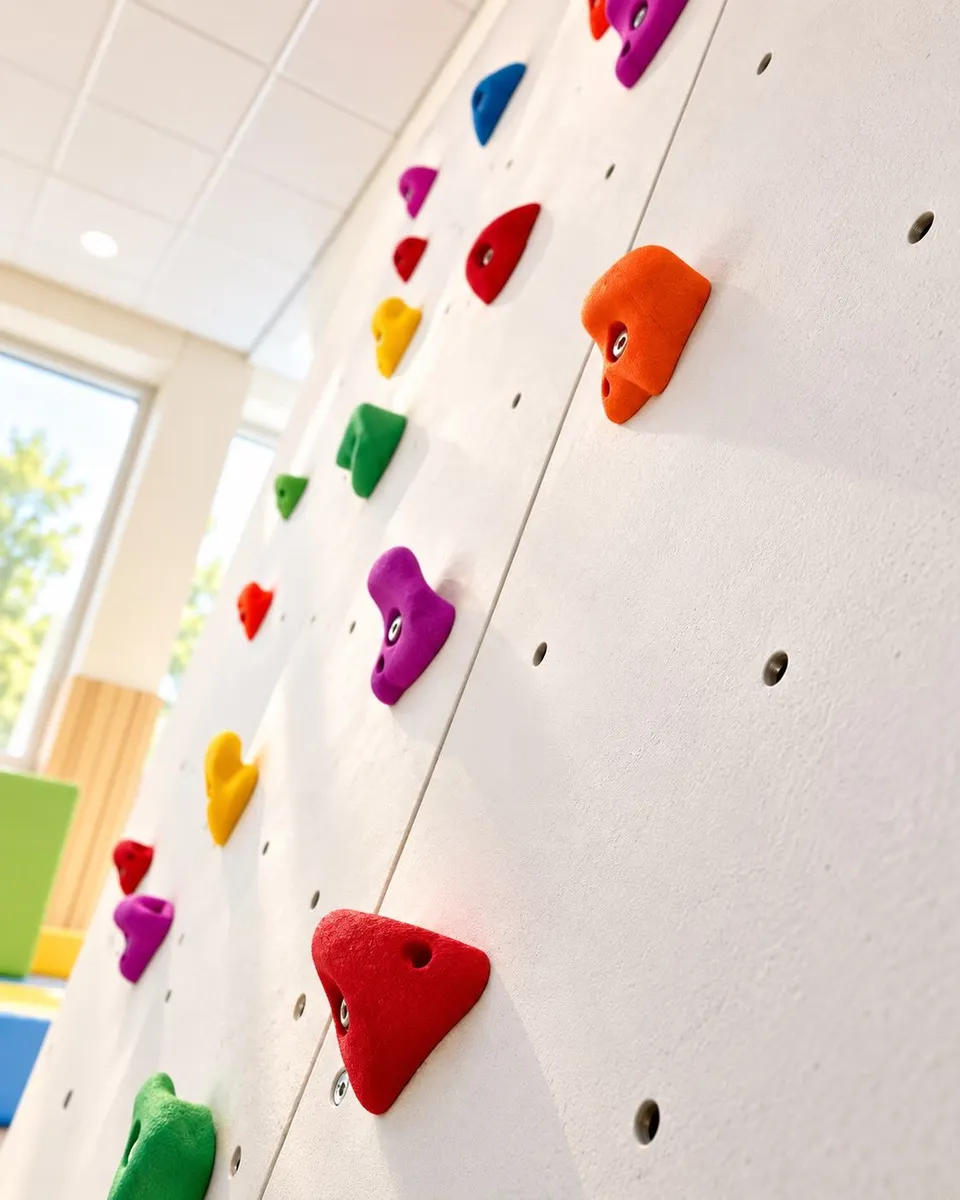 Bunte Griffe an der Kletterwand.