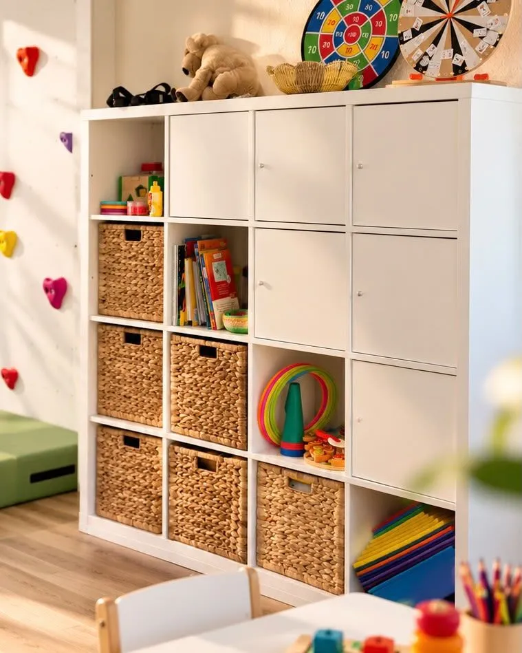 Der Kinderbereich: Spiele, Körbe und Material zum Anfassen.