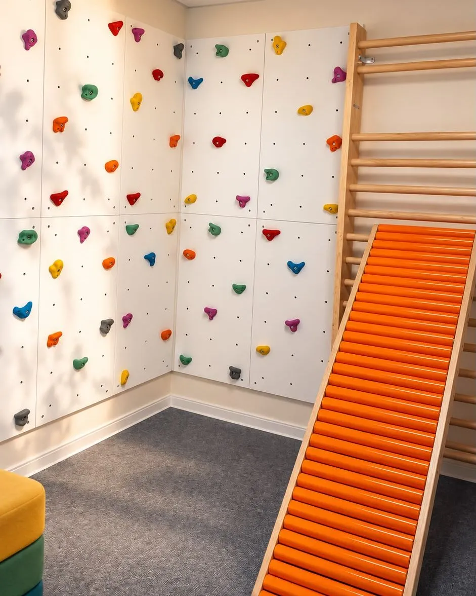 Kletterwand und Rollenrampe für Kraft, Planung und Mut.